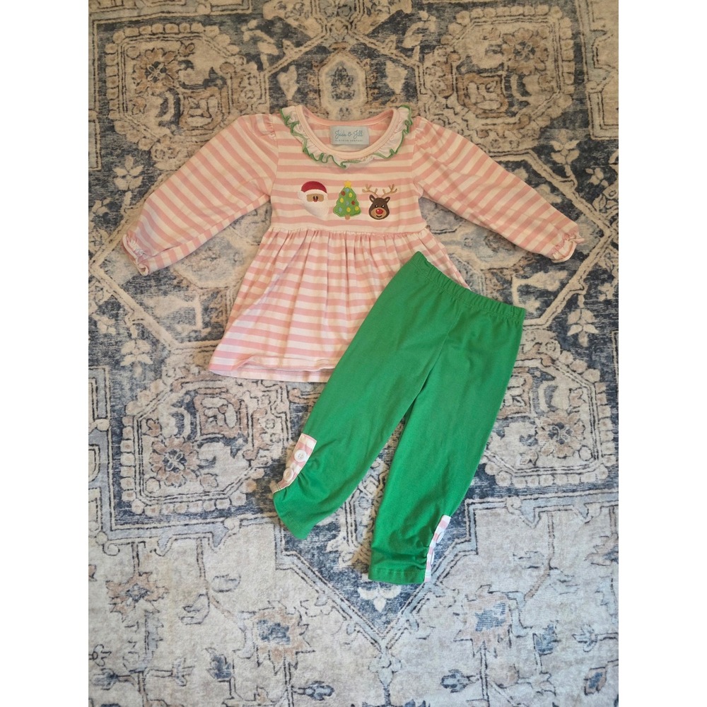 Jack and Jill Girls 2T Long Sleeve Pink Green Two Piece Christmas Striped Outfit